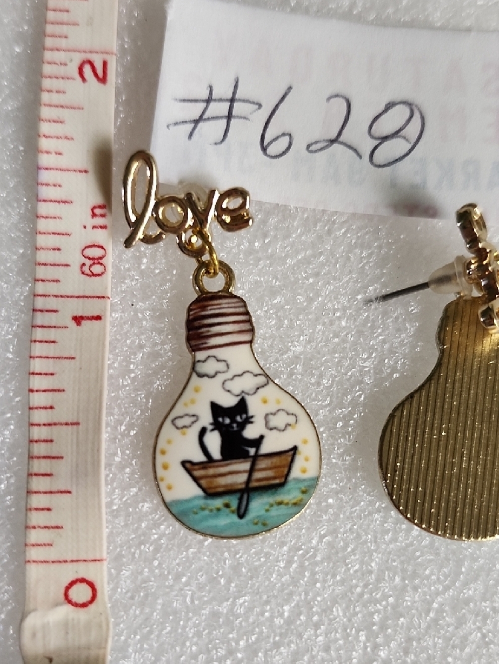 Hand Crafted Gold 'Love' Cat in Boat Lightbulb Drop Earrings - Picture 5 of 5